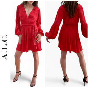 NWOT A.L.C. | SZ S | Red Deep V-Neck Pleated Rope Tie Tassel Mini Dress
